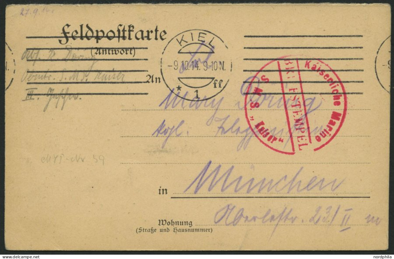 MSP VON 1914 - 1918 (Linienschiff KAISER), 9.10.1914, Roter Briefstempel, Feldpostkarte Von Bord Der Kaiser, Pracht - Marítimo