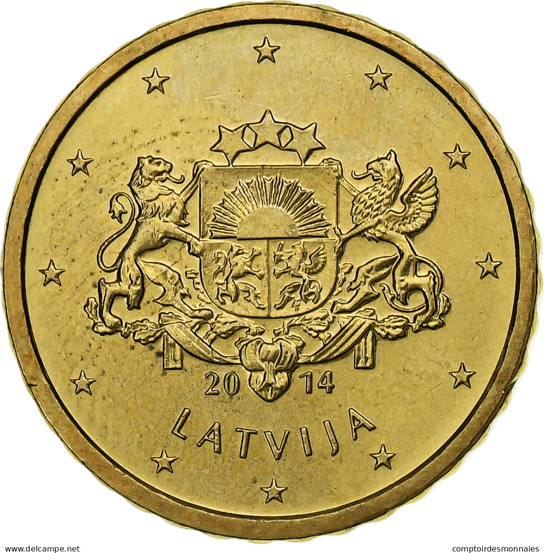 Lettonie, 10 Euro Cent, Large Coat Of Arms Of The Republic, 2014, SUP+, Or - Latvia