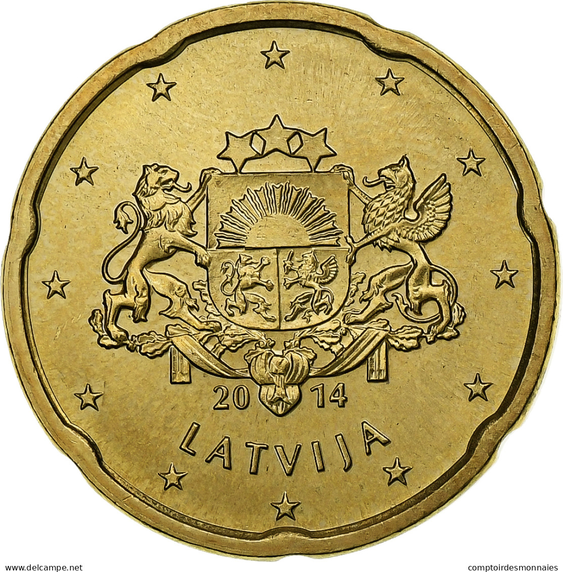 Lettonie, 20 Euro Cent, Large Coat Of Arms Of The Republic, 2014, SPL, Or - Latvia