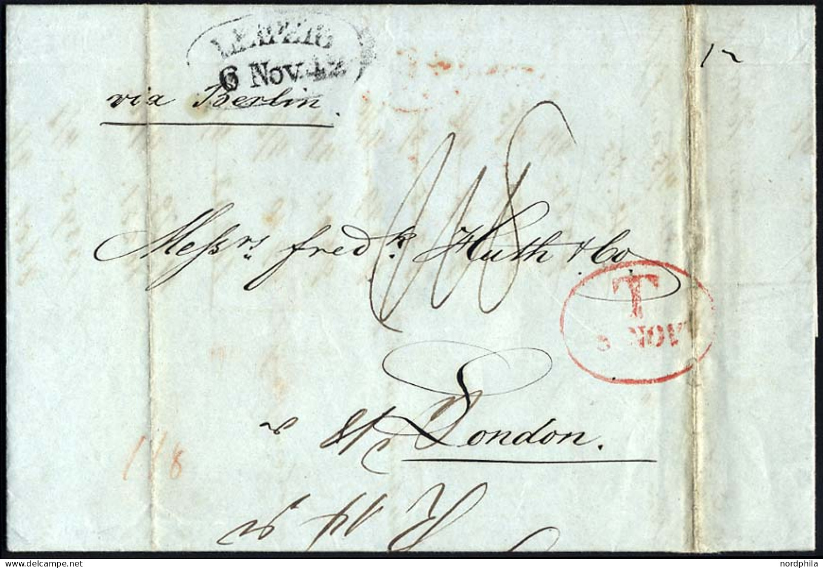 HAMBURG 1842, T 8 NOV, Rote Sonderform Auf Brief Von Leipzig (Sonderform) Via Berlin Nach London, Rückseitiger Durchgang - Vorphilatelie