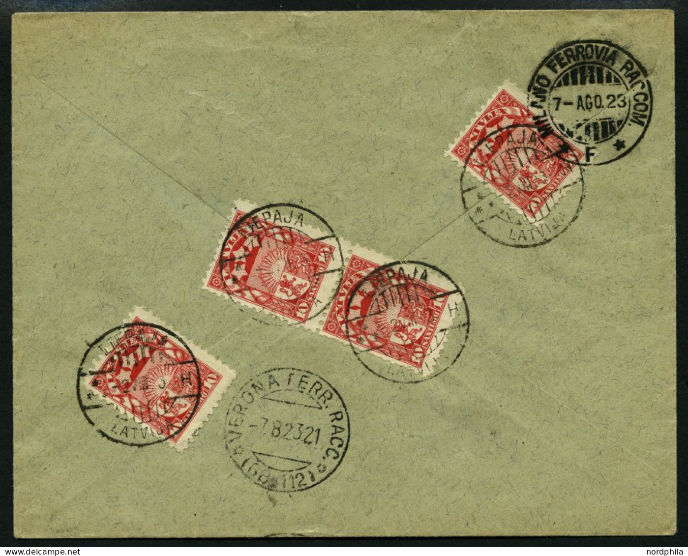 LETTLAND 93 BRIEF, 1923, 10 S. Karmin, 4x Als Mehrfachfrankatur Rückseitig Auf Einschreibbrief Von LIEPAJA Nach Italien, - Letonia
