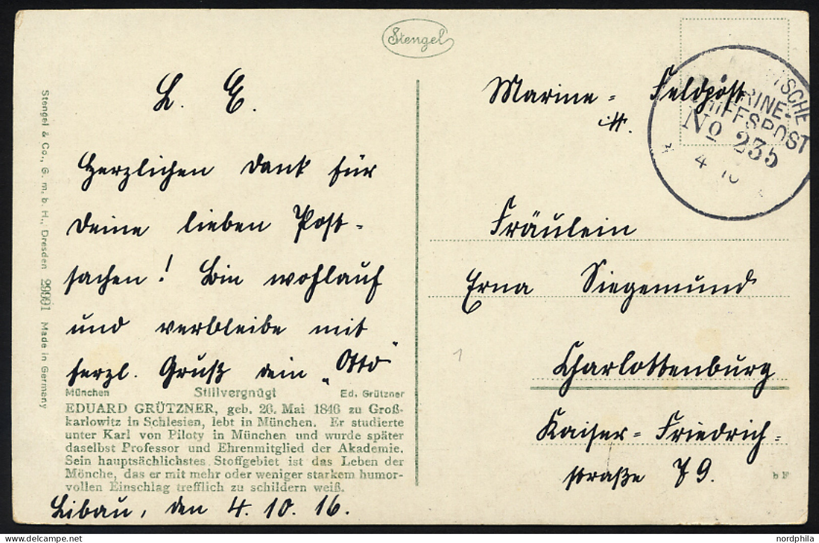 MSP VON 1914 - 1918 235 (2. Halbflottille Der Handelsschutzflottille), 4.10.1916, Feldpost-Künstlerkarte Nach Charlotten - Maritime
