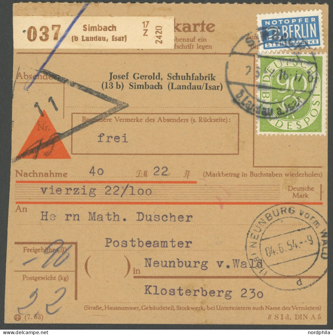 BUNDESREPUBLIK 138 BRIEF, 1954, 90 Pf. Posthorn, Einzelfrankatur Auf Nachnahme-Paketkarte Aus SIMBACH, Pracht - Sonstige & Ohne Zuordnung