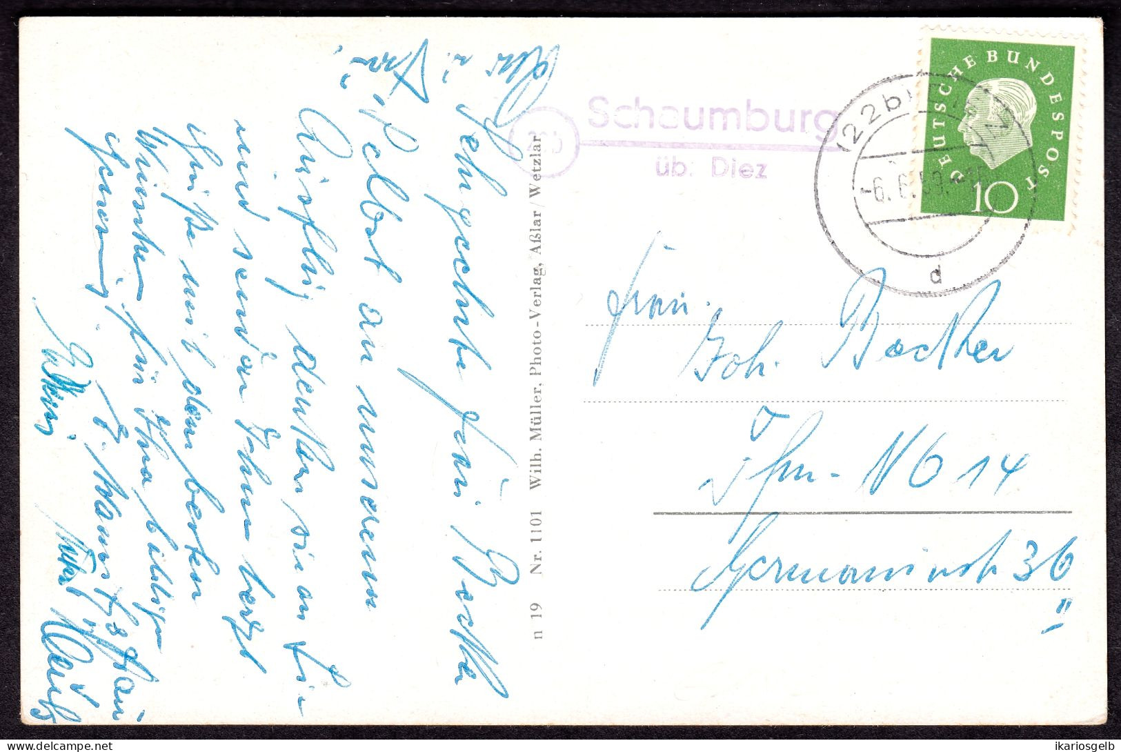 SCHAUMBURG über DIEZ (= Balduinstein) 1960 LANDPOSTSTEMPEL Blau 10Pf-HeußIII AK Braunfels Heimatbeleg - Briefe U. Dokumente