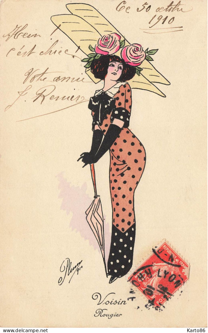 Mode * CPA Illustrateur PLUME Plume * Femme Robe Chapeau Avion Aviation Aviateur VOISIN Voisin Rougier Ombrelle - Mode