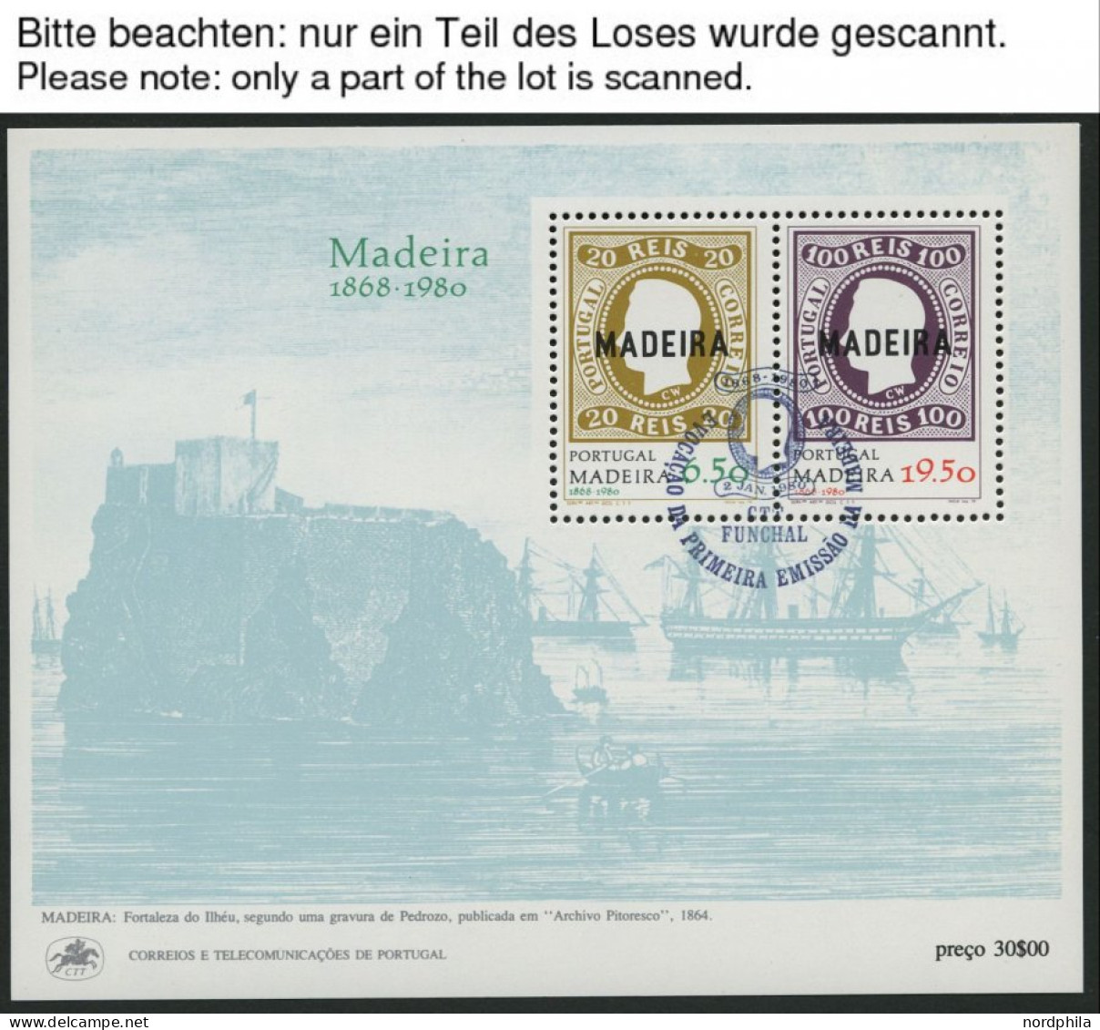 MADEIRA Bl. 1 O, 1980, Block 112. Jahrestag Der Ersten Markenausgaben, 350x Mit Ersttags-Sonderstempel, Pracht, Mi. 1750 - Madeira