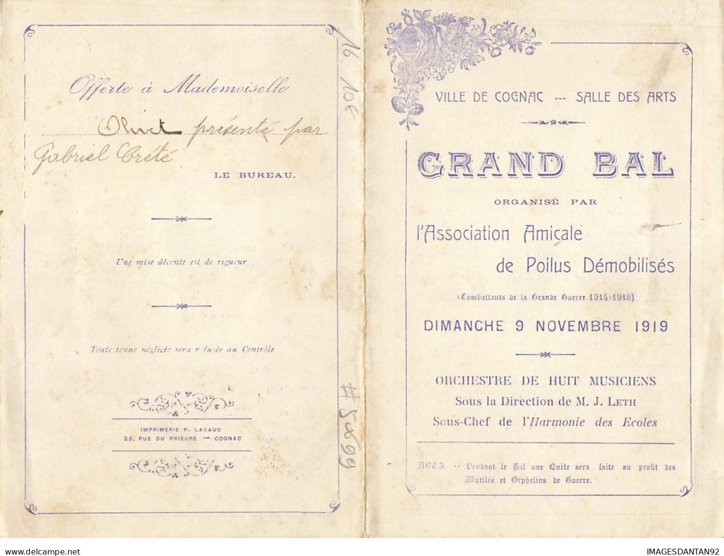16 COGNAC #FG50699 BAL PAR AMICALE DE POILUS DEMOBILISES 1919 - Cognac