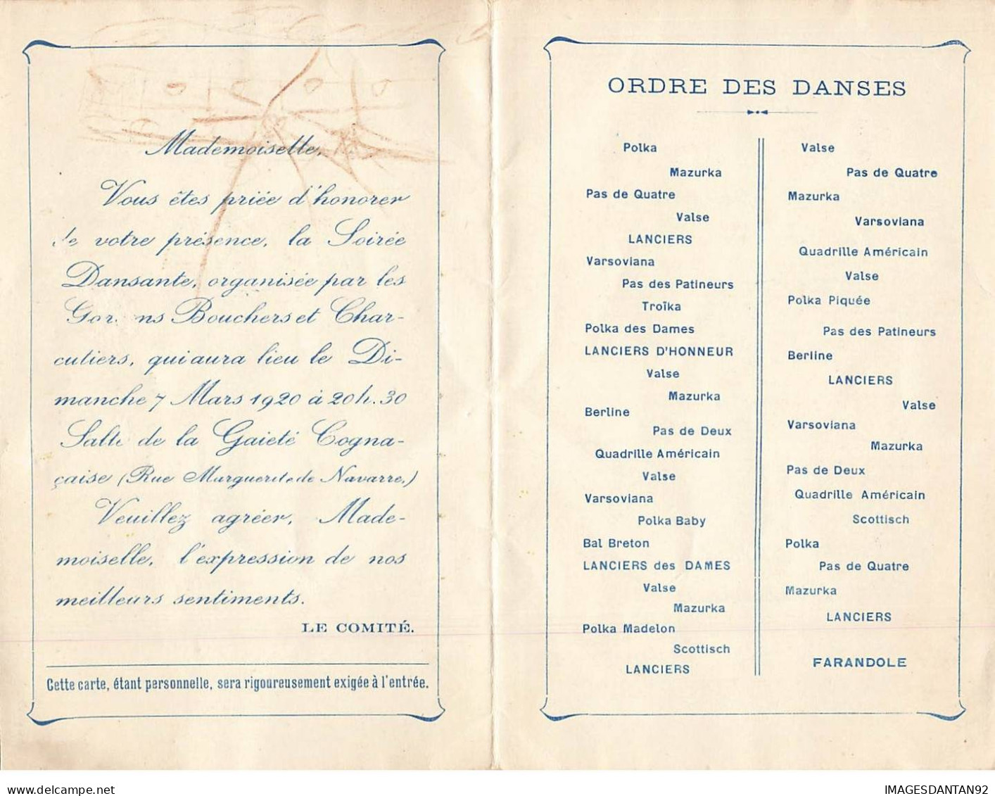 16 COGNAC #FG50698 BAL A LA GAIETE COGNACAISE ORGANISES PAR LES BOUCHERS ET CHARCUTIERS 1919 - Cognac