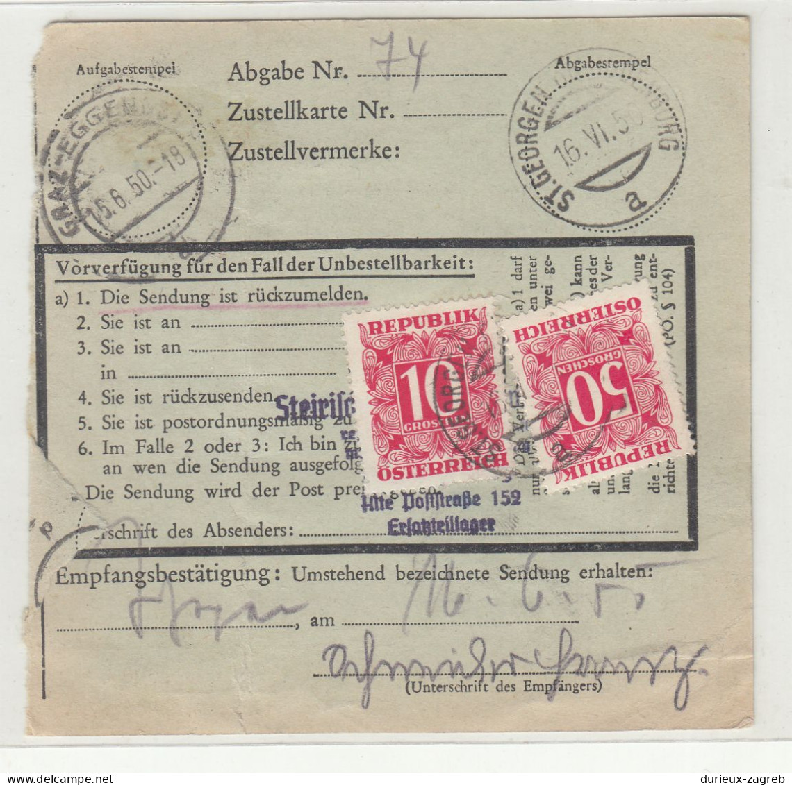 Austria Parcel Card 1950 Graz B240401 - Taxe