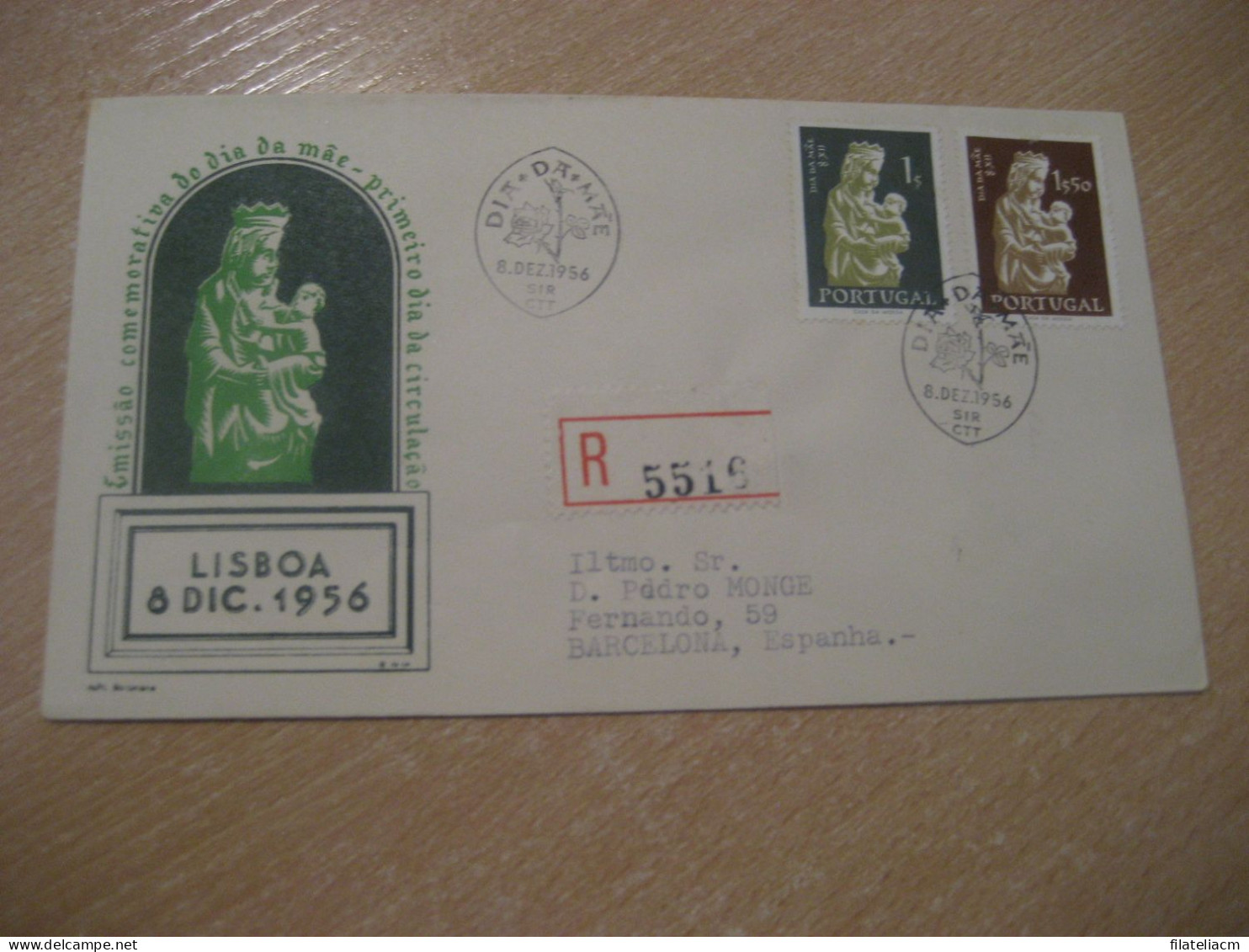 CTT SIR Lisboa 1956 To Barcelona Spain Dia Da Mare Virgin Vierge Religion FDC Cancel Registered Cover PORTUGAL - Cartas & Documentos
