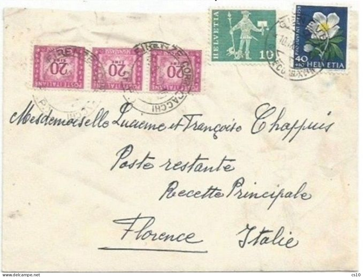 Suisse Geneve 10nov1960 CV To Italy With PJ 1958 C.40+10 + Postman C.10 To Poste Restante Firenze Taxed P.Due L.20x3 - 1946-60: Marcophilia
