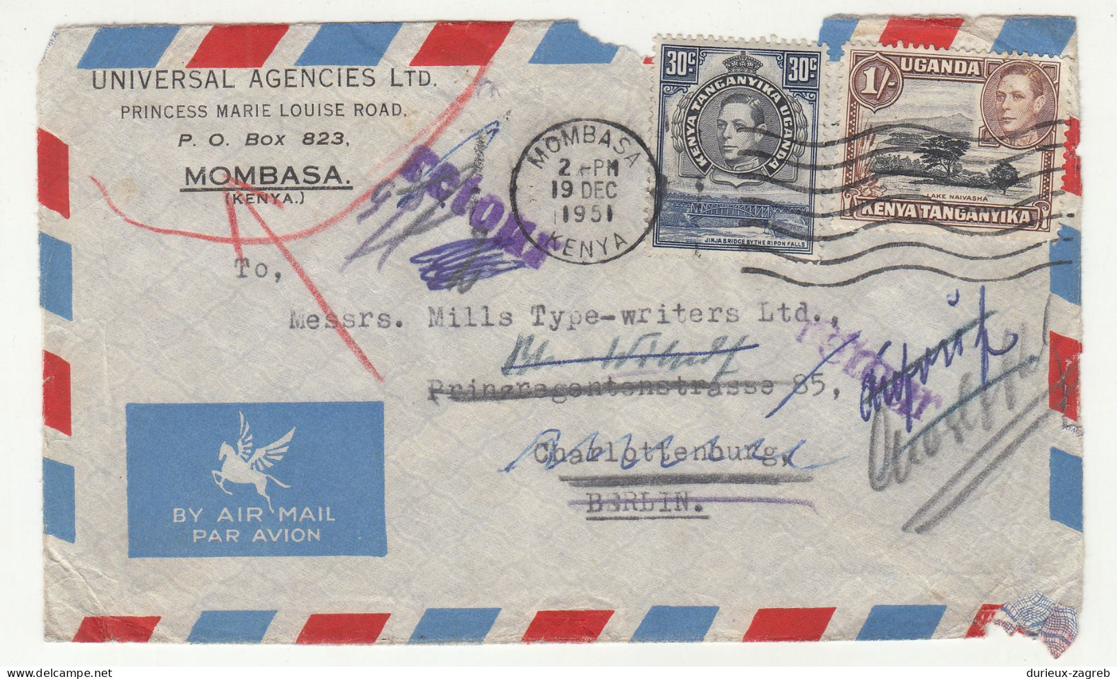 KUT Air Mail Letter Cover Posted 1951 - Retourned B240401 - Kenya, Uganda & Tanganyika