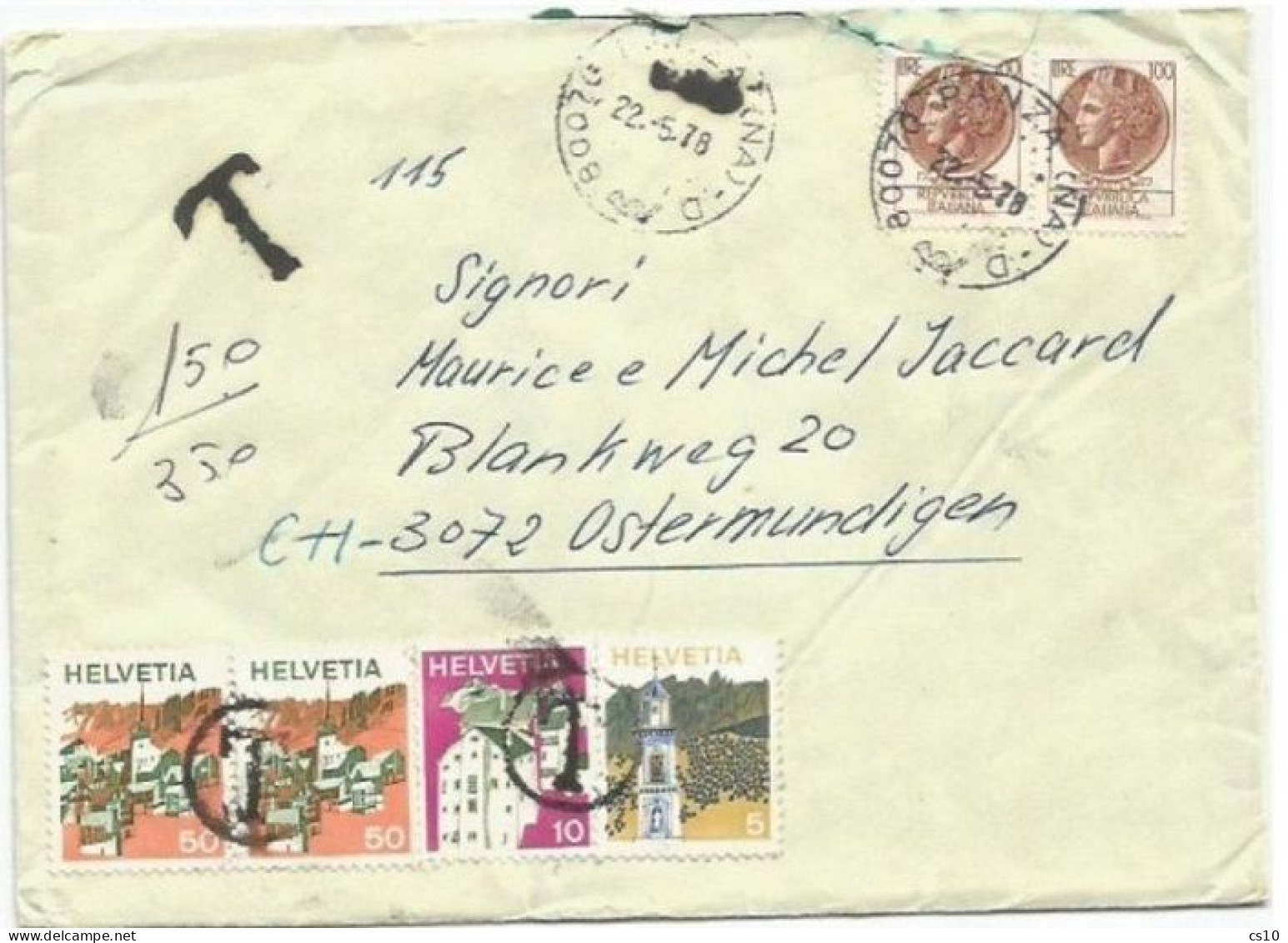 Suisse Views Landscapes 1973 Issue #4v Used As P.Due Taxing CV Italy 22may1978 To Ostermundigen - Postmark Collection