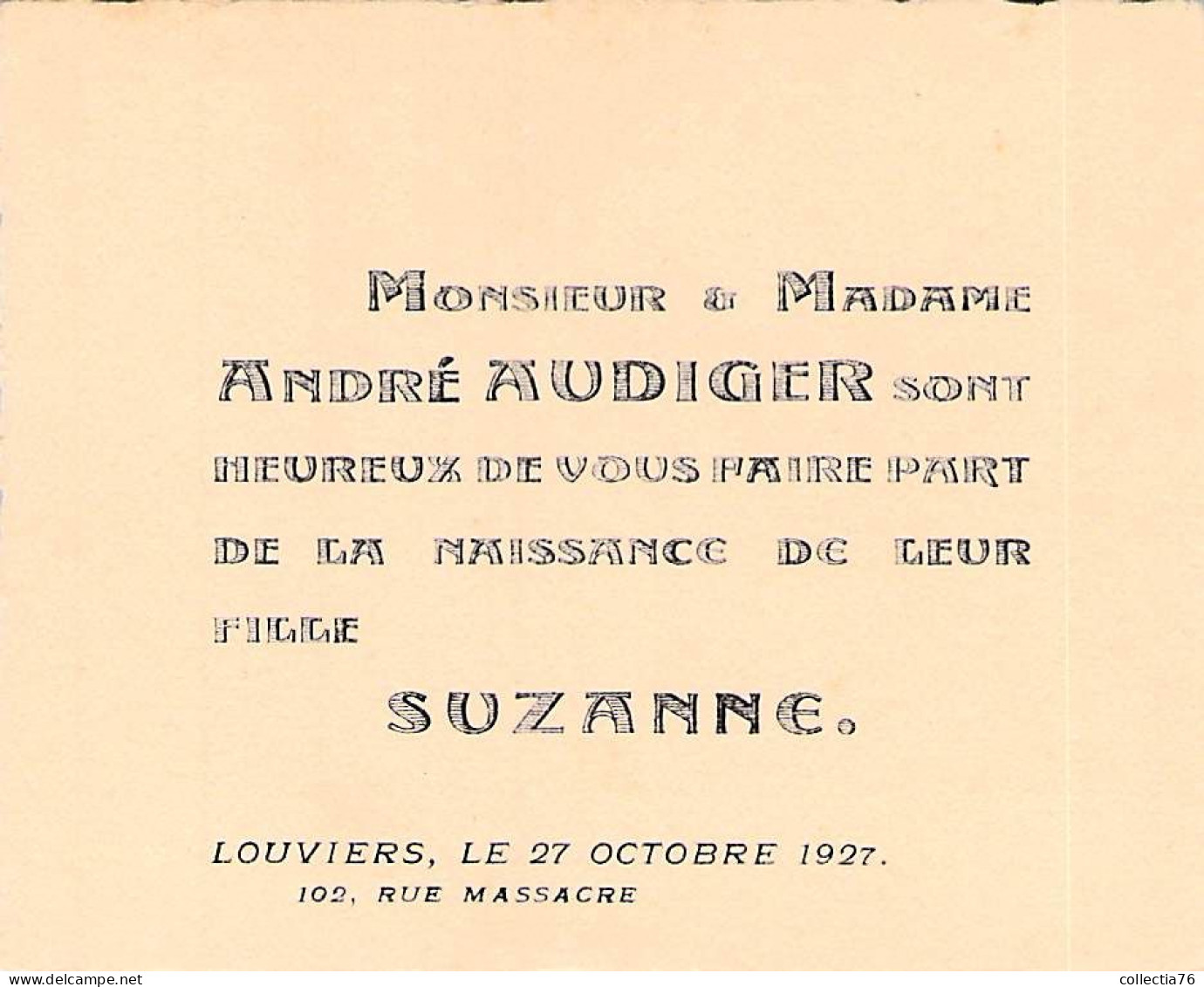 VIEUX PAPIERS 27 EURE LOUVIERS FAIRE PART ANDRE AUDIGER SUZANNE PIERRE 1929 - Geburt & Taufe