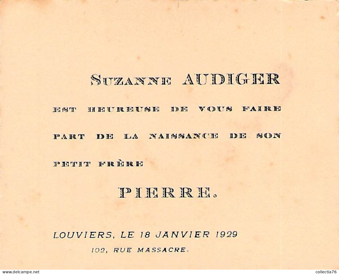 VIEUX PAPIERS 27 EURE LOUVIERS FAIRE PART ANDRE AUDIGER SUZANNE PIERRE 1929 - Geboorte & Doop