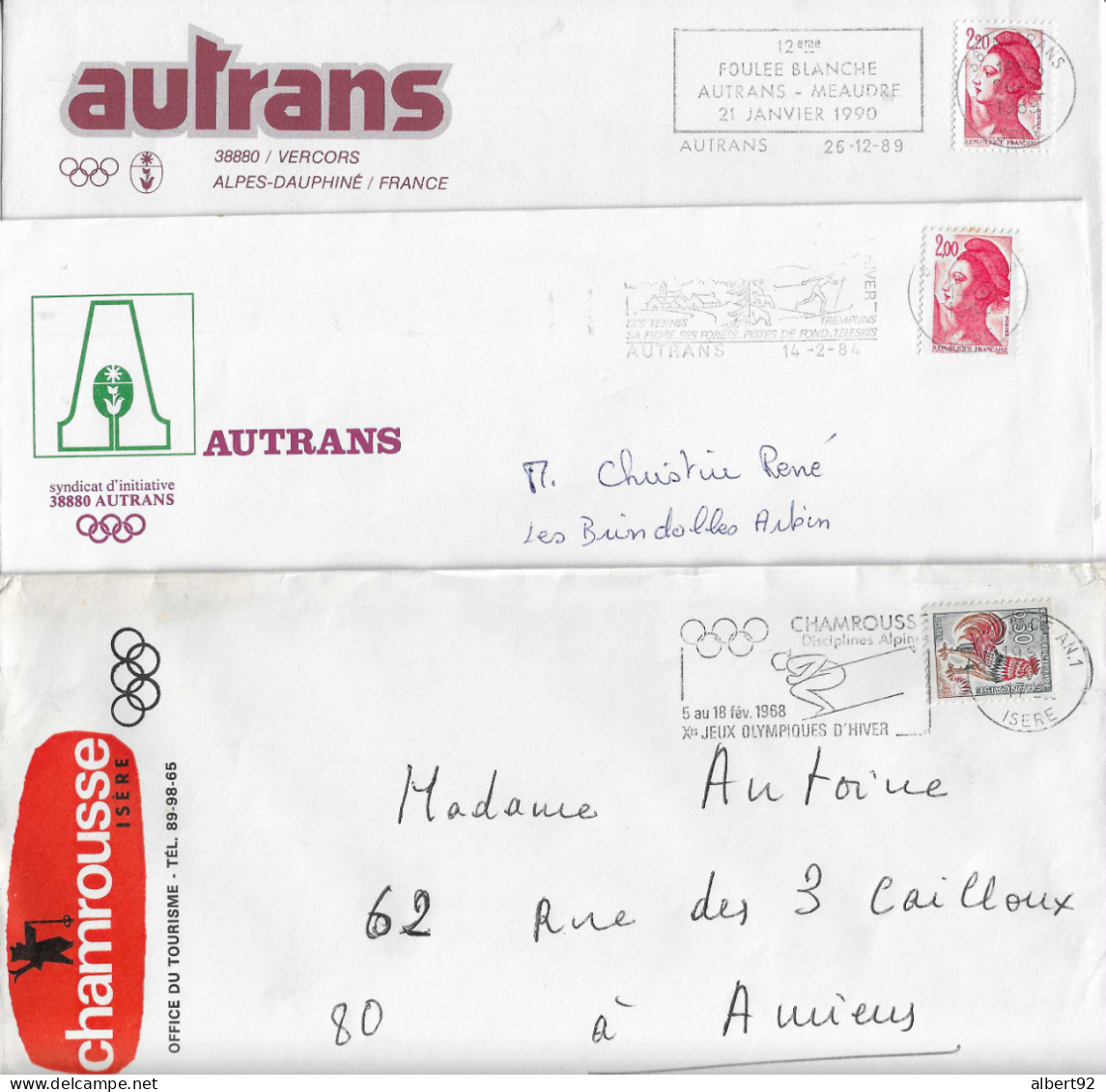 1968 Jeux Olympiques D'hiver Grenoble:3 Lettres Siglées Anneaux Olympiques Des Sites D'Autrans Et Chamrousse (Annexe 1) - Hiver 1968: Grenoble
