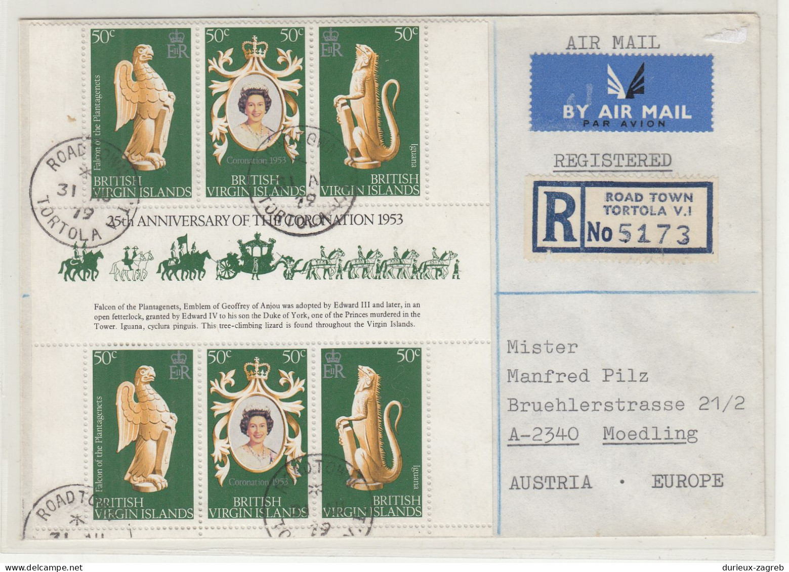 British Virgin Islands Letter Cover Posted Registered 1979 Road Town Tortola To Modling B240401 - Britse Maagdeneilanden