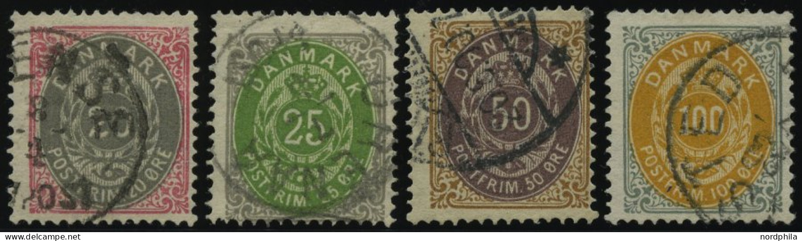 DÄNEMARK 28-31YA O, 1875-77, 20 - 100 Ø, Normaler Rahmen, Wz. 1Y, 4 Prachtwerte, Mi. 157.- - Gebraucht
