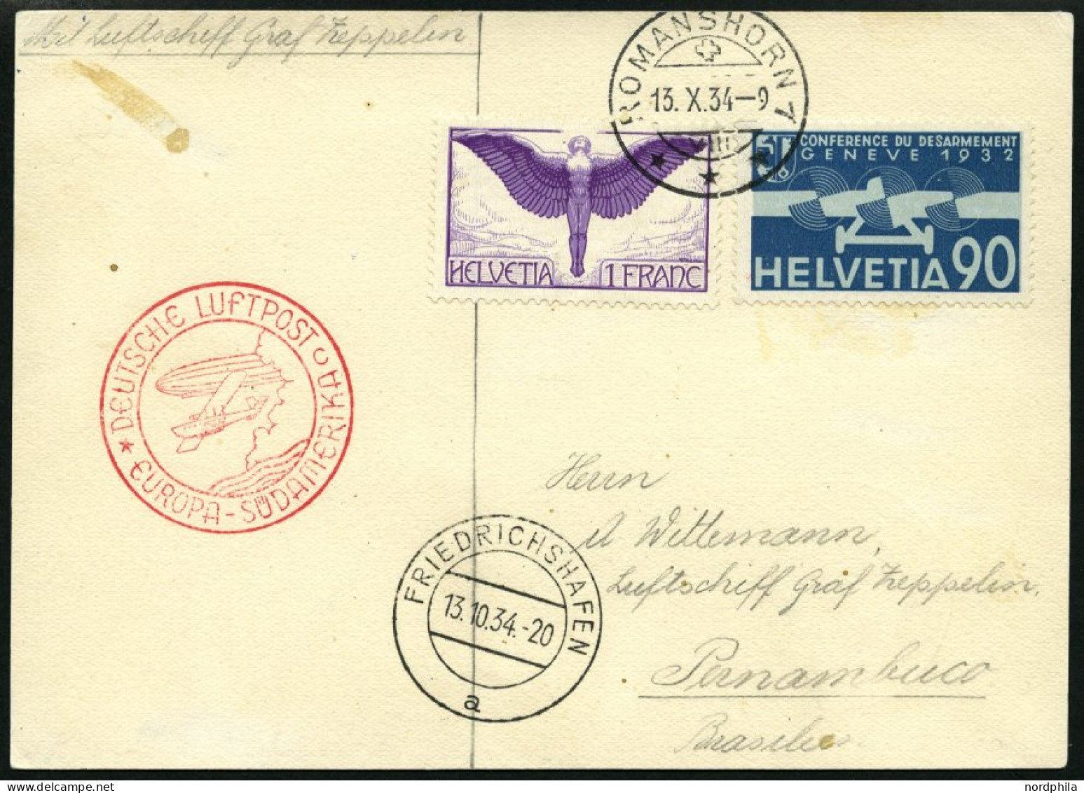 ZULEITUNGSPOST 280Aa BRIEF, Schweiz: 1934, 10. Südamerikafahrt, Auflieferung Fr`hafen Mit Stempel C, Prachtkarte - Zeppelines