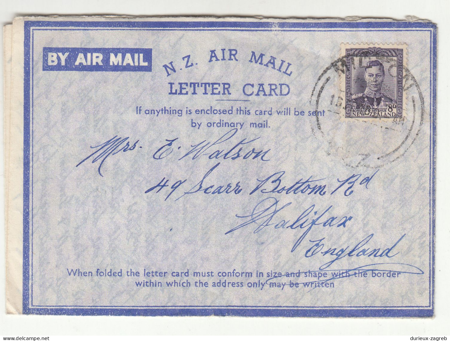 New Zealand Air Mail Letter Card Posted 1948 B240401 - Luchtpost