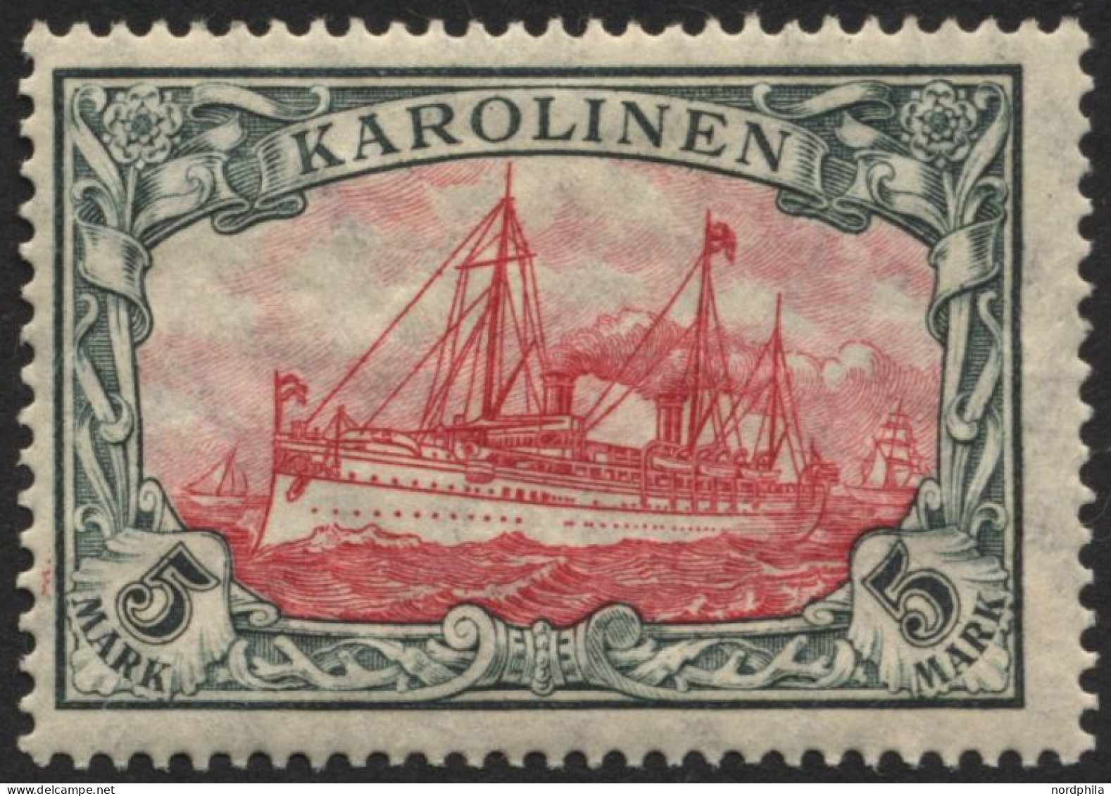 KAROLINEN 22IA *, 1915, 5 M. Grünschwarz/dkl`karmin, Mit Wz., Friedensdruck, Falzrest, Pracht, Gepr. Jäschke-L., Mi. 240 - Karolinen