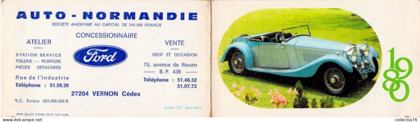 VIEUX PAPIERS CALENDRIER PETIT FORMAT 1980 AUTO NORMANDIE VERNON FORD - Small : 1971-80