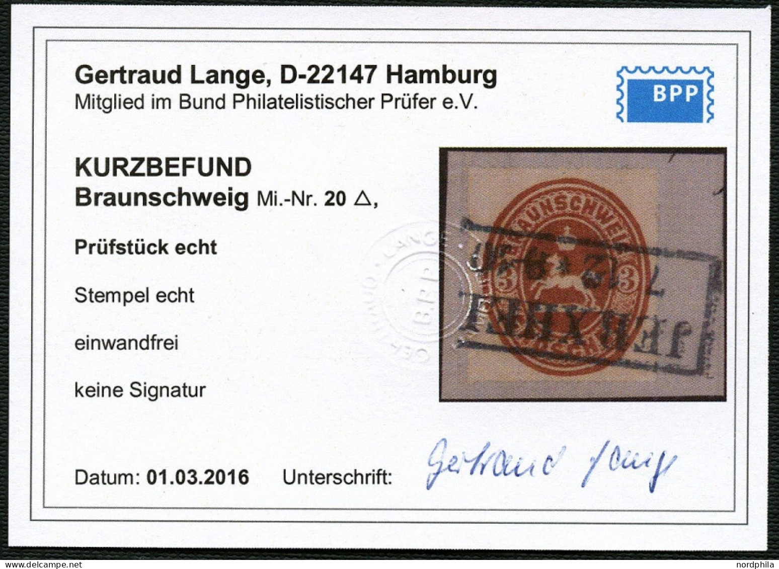 BRAUNSCHWEIG 20 BrfStk, 1865, 3 Gr. Orangebraun, Mit Blauschwarzem R2 JERXHEIM, Prachtbriefstück,  Kurzbefund Lange - Braunschweig