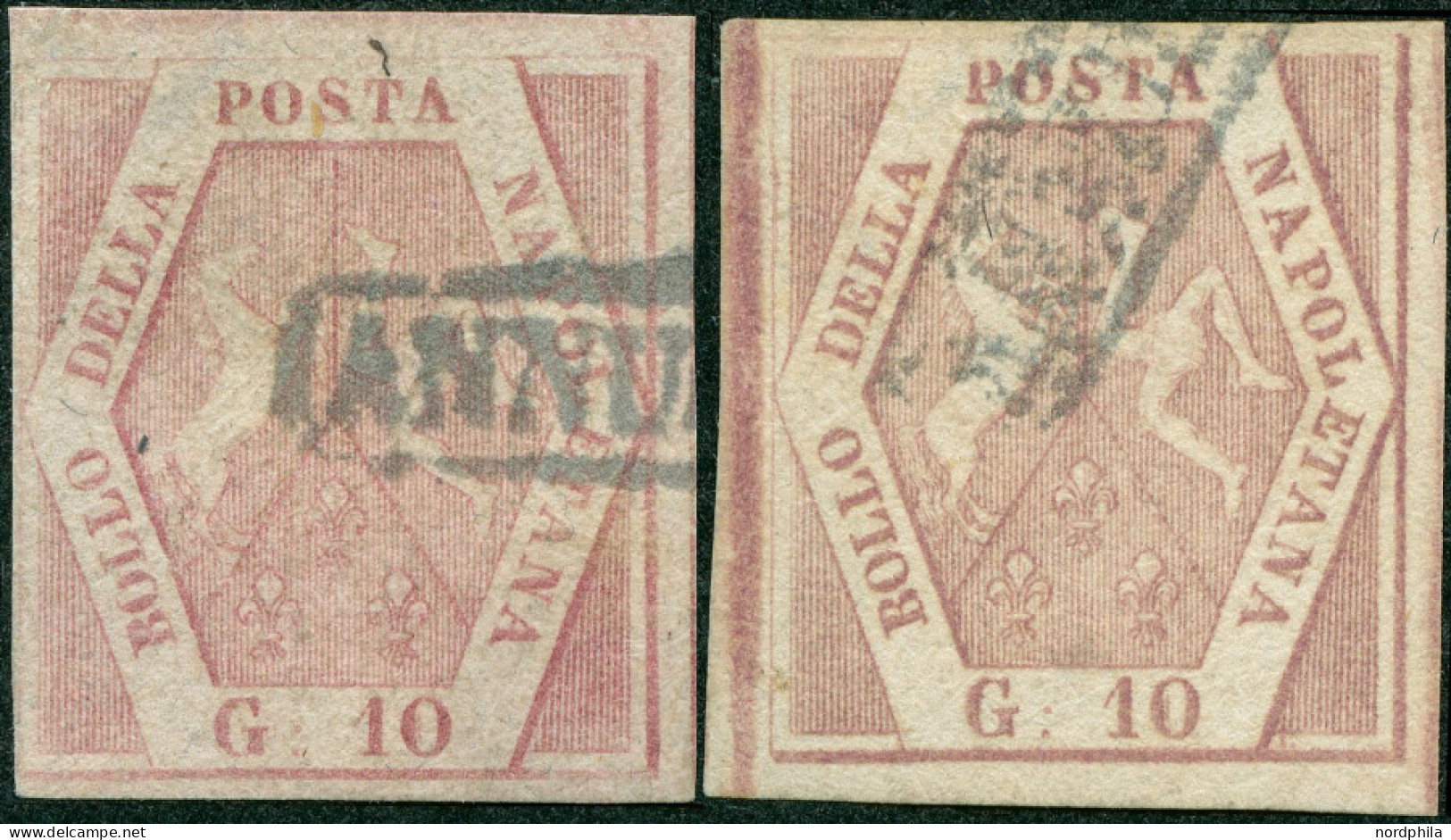 NEAPEL 5 O, 1858, 10 Gr. Dkl`bräunlichrosa, Platte I (Sassone Nr. 10b) Und 10 Gr. Karminrosa, Platte II (Sassone Nr. 11) - Napoli