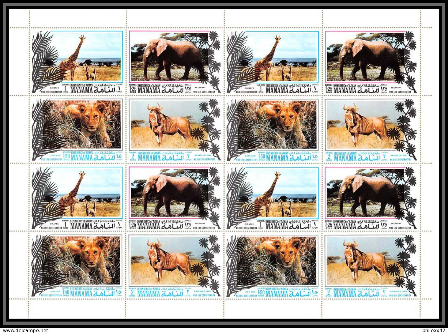 Manama - 3465c/ N°530/533 A Protection Of Animals 1971 Neuf ** MNH Girafe Giraffe Elephant Lion Gnu Feuille Sheet - Félins