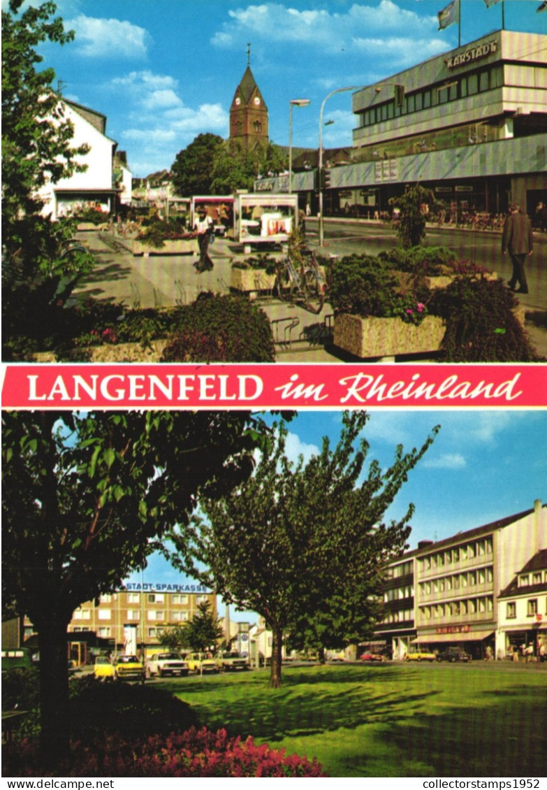 LANGENFELD, MULTIPLE VIEWS, ARCHITECTURE, TOWER WITH CLOCK, PARK, CARS, FLAG, GERMANY, POSTCARD - Langenfeld