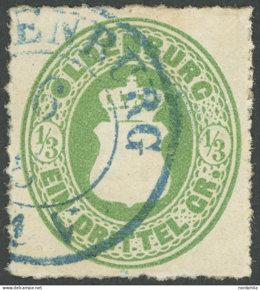 OLDENBURG 15A O, 1862, 1/3 Gr. Schwärzlichgelblichgrün, Durchstich 11 3/4, Blauer K2, Pracht, Gepr. Pfenninger, Mi. 240. - Oldenbourg