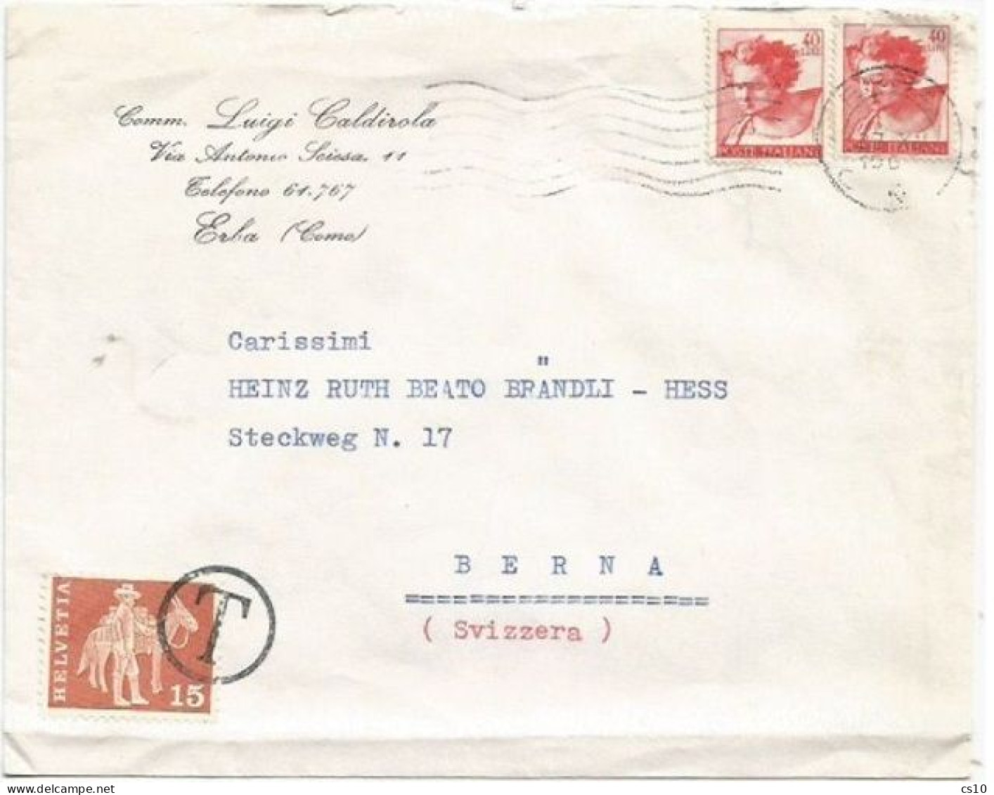 Suisse Horse & Postman C.15 Used As Postage Due Tax Cover Italy 27dec1966 To Bern - Marcophilie