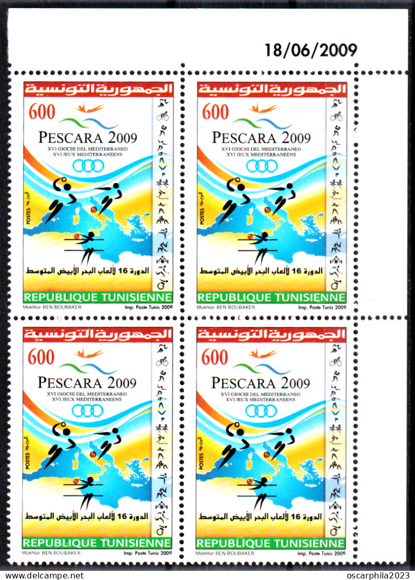 2009- Tunisie - Y&T 1643 - XVI Jeux Mediterraneens, Pescara 2009 - Bloc De 4 Coin Daté 4V MNH***** - Autres & Non Classés