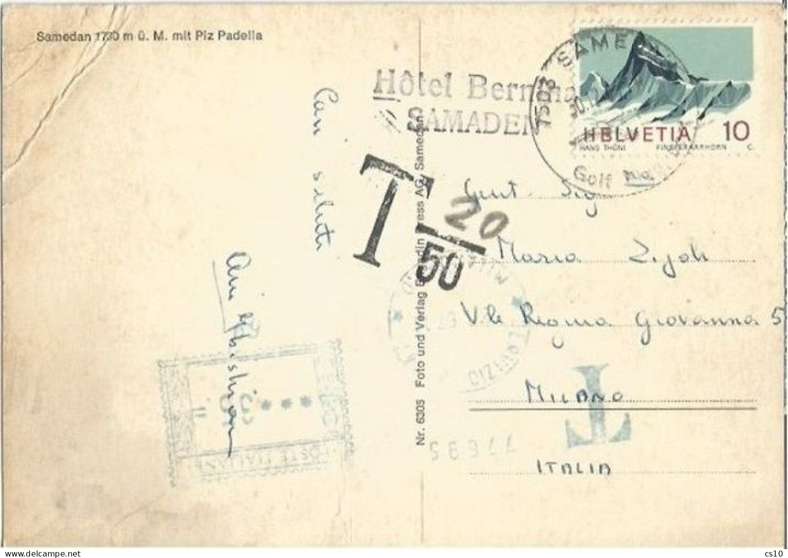 Suisse Samedan 30dec1966 Pcard To Italy Meter Taxed Postage Due L.35 Milano - Strafportzegels