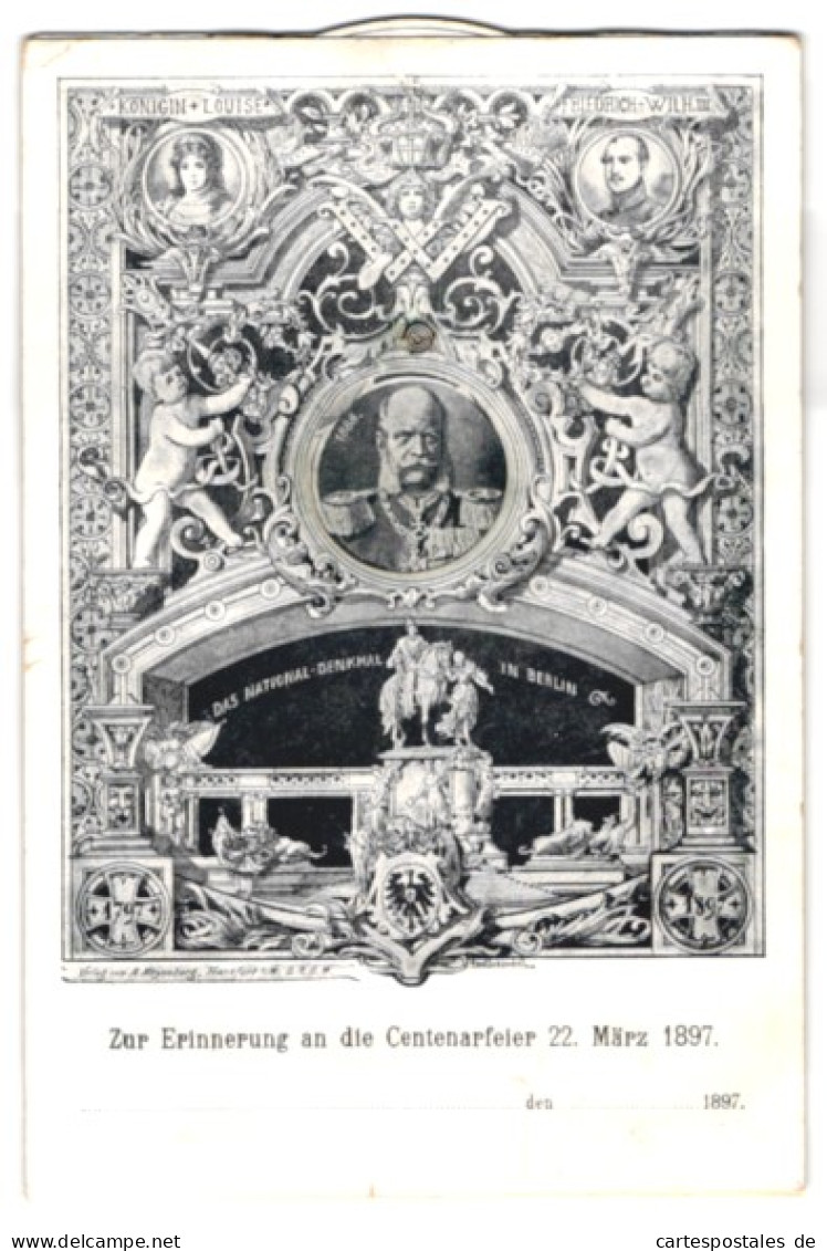 Mechanische-AK Berlin, Centenarfeier 1897, National-Denkmal, Portraits Von Kaiser Wilhelm I., Friedrich-Wilhelm III.  - Familias Reales