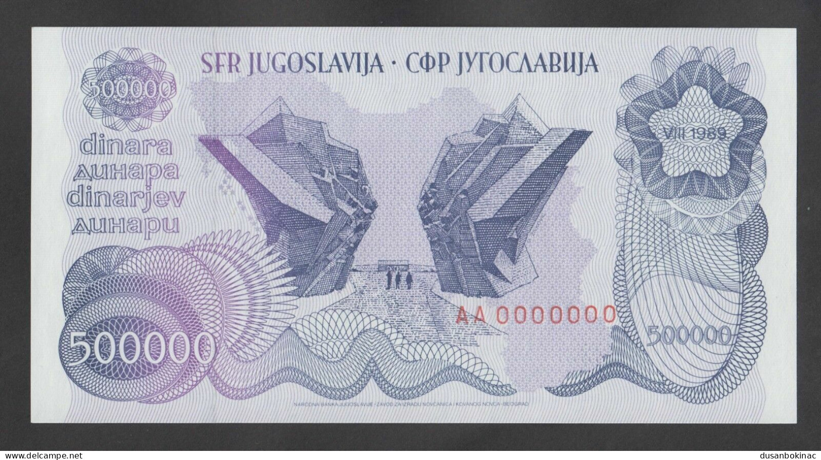 Yugoslavia 500 000 Dinara 1989. P-98s. SPECIMEN, ZERO SERIAL NUMBER. UNC - Specimen