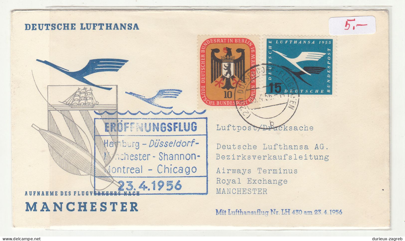 Germany 1956 Lufthansa Hamburg-Düsseldorf-Manchester-Shannon-Montreal-Chicago First Flight Cover B240401 - Andere (Lucht)