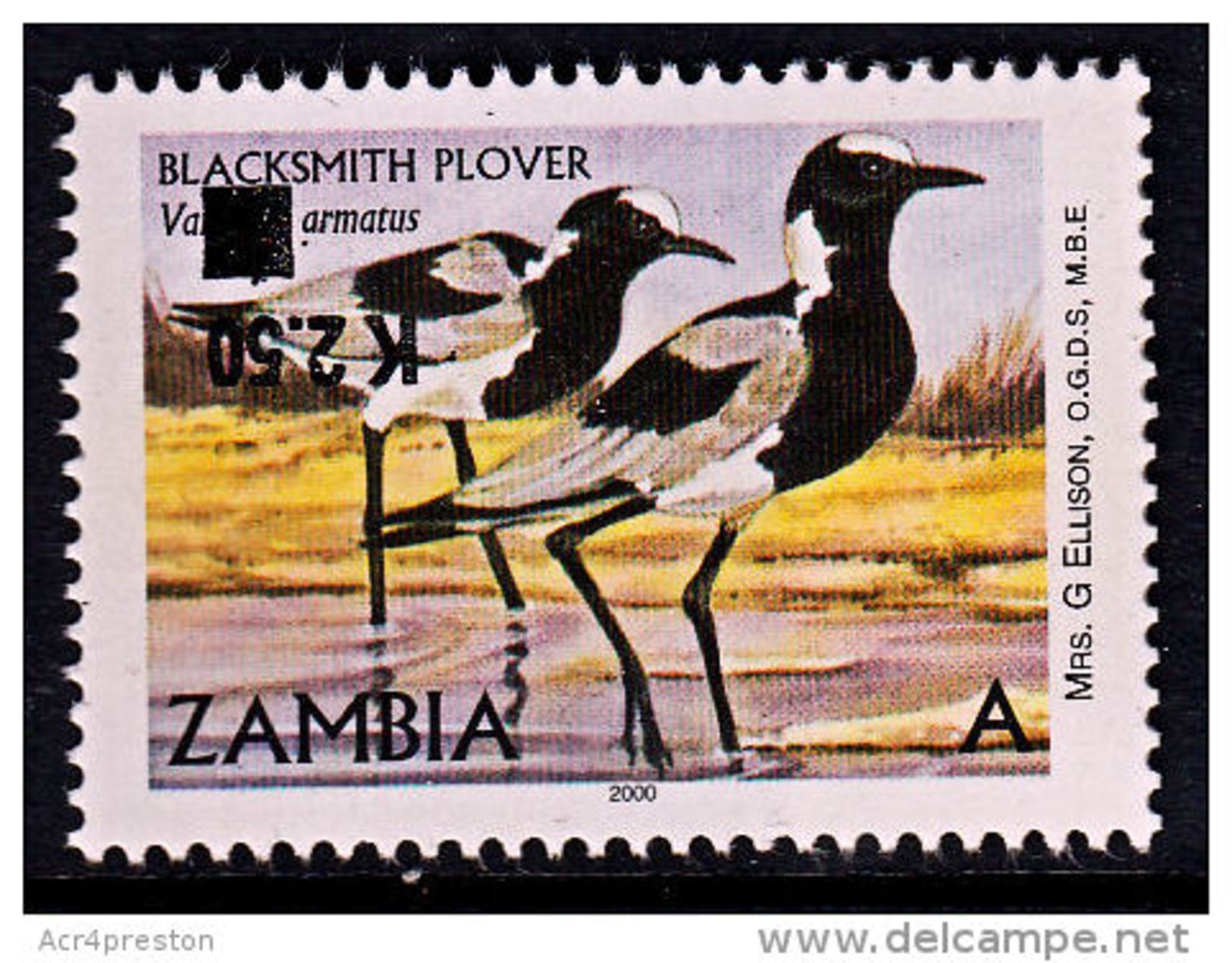 Zm1126a ZAMBIA 2014, K2.50 INVERTED Surcharge On 'A' Bird Blacksmith Plover  MNH (Issued 02-05-2014) - Zambia (1965-...)
