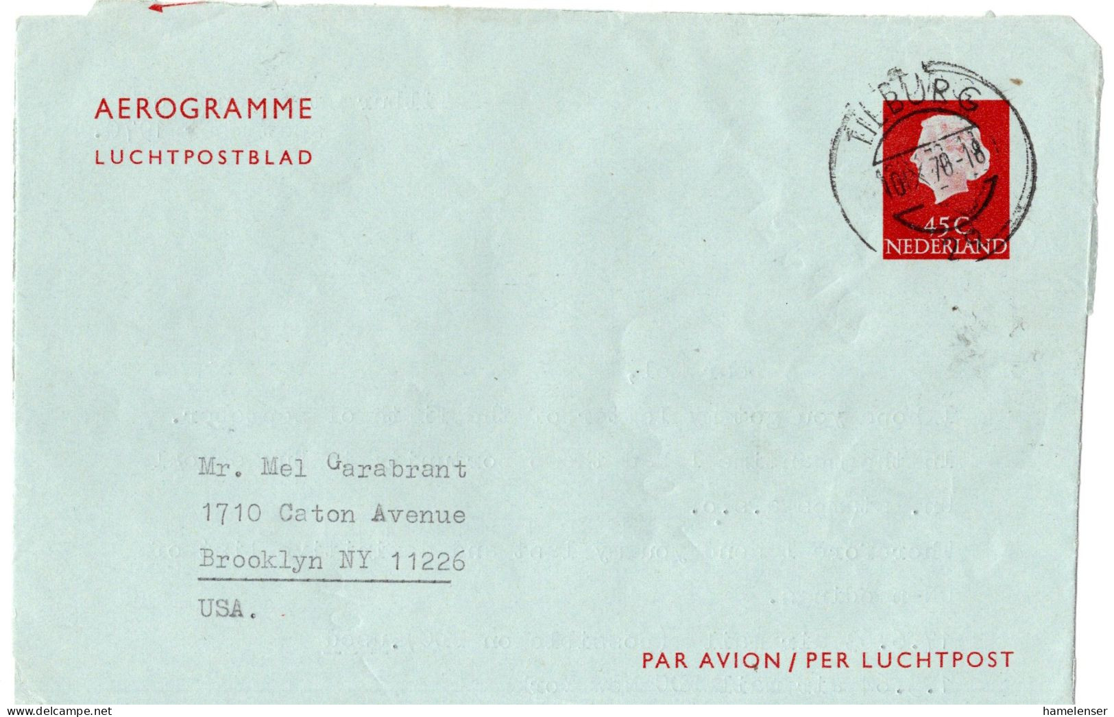 76584 - Niederlande - 1970 - 45c GAAerogramm TILBURG -> Brooklyn, NY (USA) - Brieven En Documenten