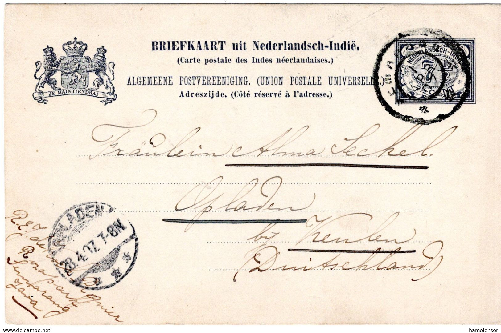76585 - Niederländisch-Indien - 1907 - 7,5c GAKte SEMARANG -> OPLADEN (Deutschland) - Niederländisch-Indien