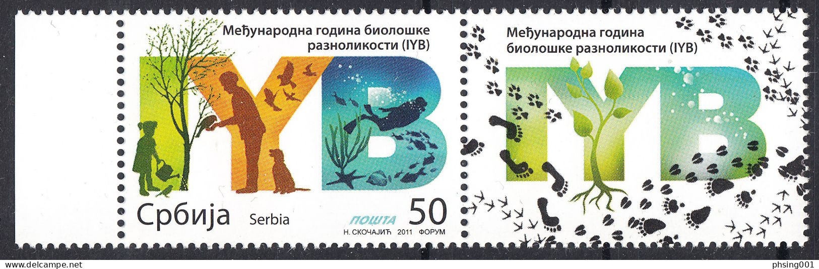 Serbia 2011 International Year Of Biodiversity Tree Dogs Birds Fishes Fauna Diving, Stamp With Label In Pair MNH - Serbia