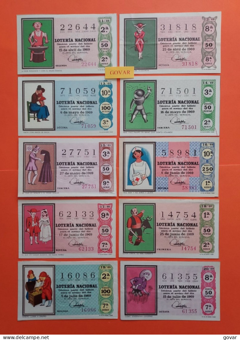 AÑO 1969 COMPLETO LOTERÍA NACIONAL ESPAÑA, SÁBADOS, TODOS LOS DECIMOS DEL AÑO - Billetes De Lotería