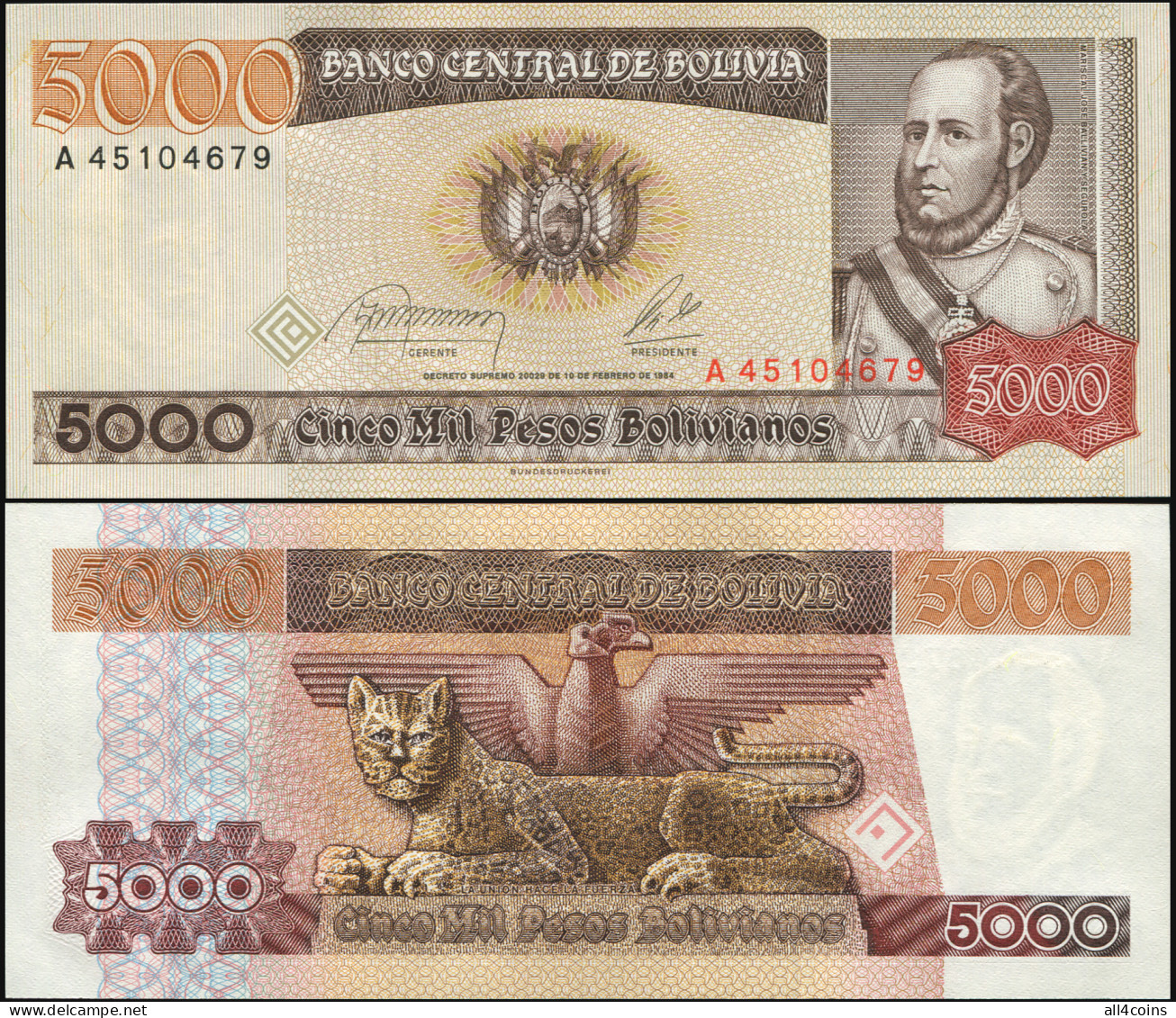 Bolivia 5000 Pesos Bolivianos. L.10.02.1984 Unc. Banknote Cat# P.168a - Bolivie