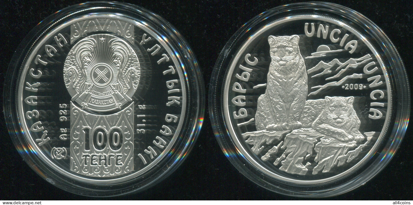 Kazakhstan 100 Tenge. 2009 (Silver. Coin KM#228. Proof) Snow Leopard - Kazakistan