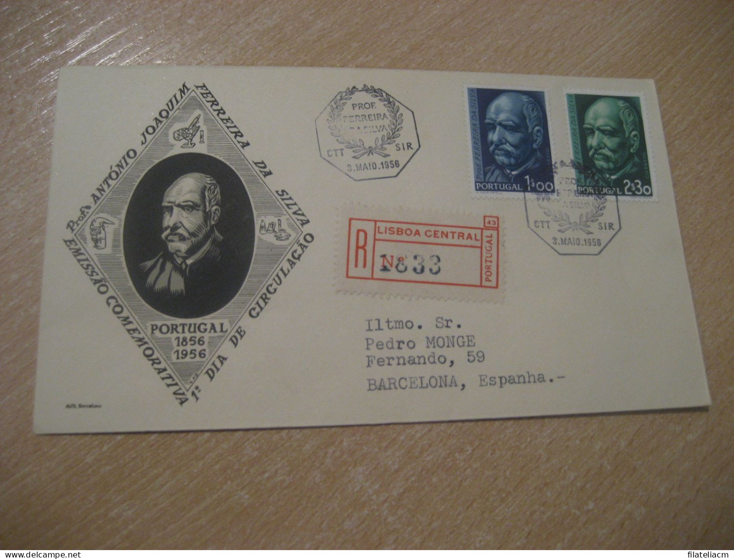 LISBOA 1956 To Barcelona Spain A. J. Ferreira Da Silva Chemical Chemistry Chimie FDC Cancel Registered Cover PORTUGAL - Scheikunde