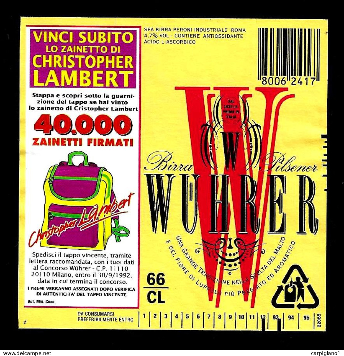 ITALIA ITALY - 1993 Etichetta Birra Beer Bière WUHRER Pilsner Con Concorso CHRISTOPHER LAMBERT - Birra