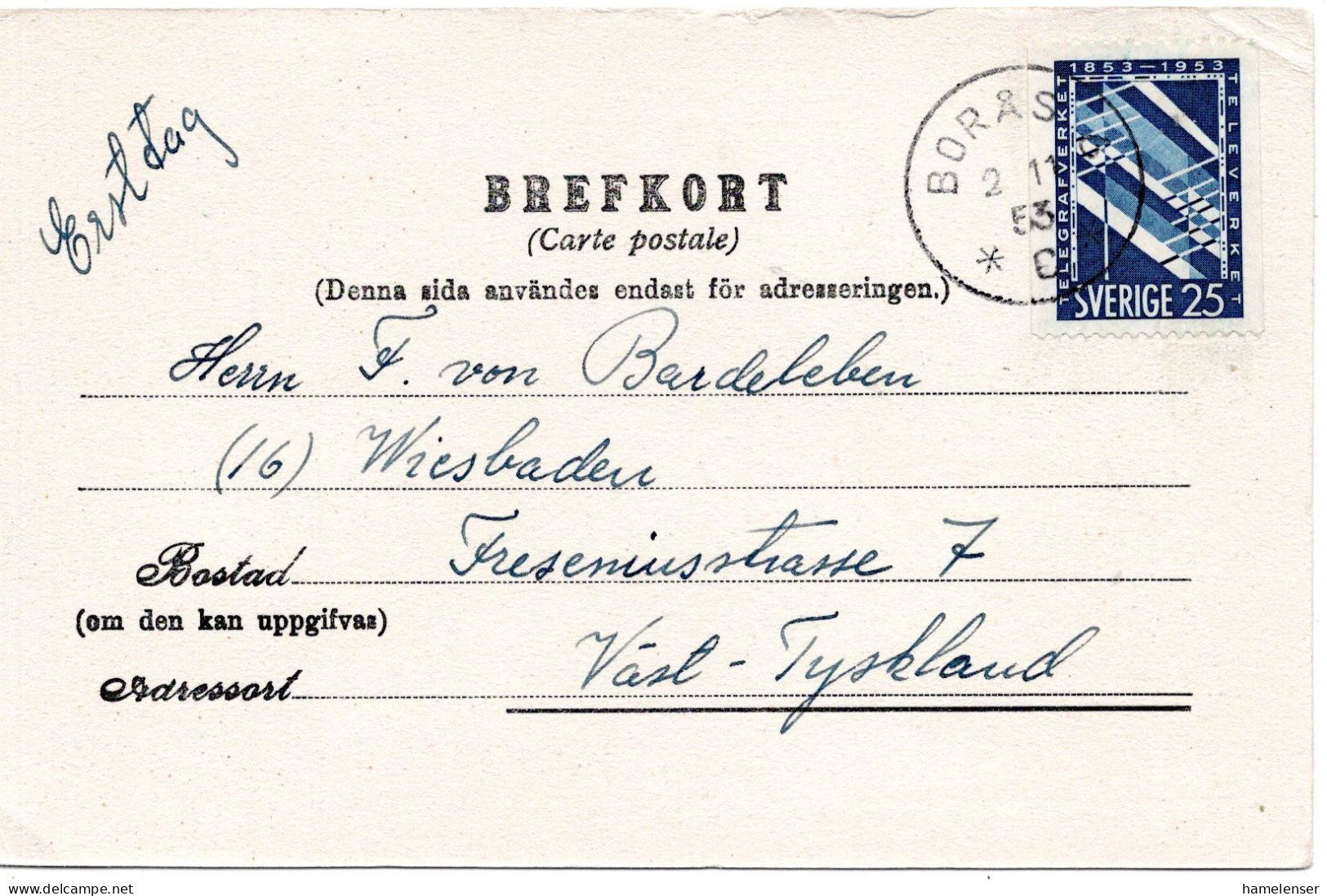 76588 - Schweden - 1953 - 25o. Telegrafie EF A Kte BORAS -> Westdeutschland - Briefe U. Dokumente