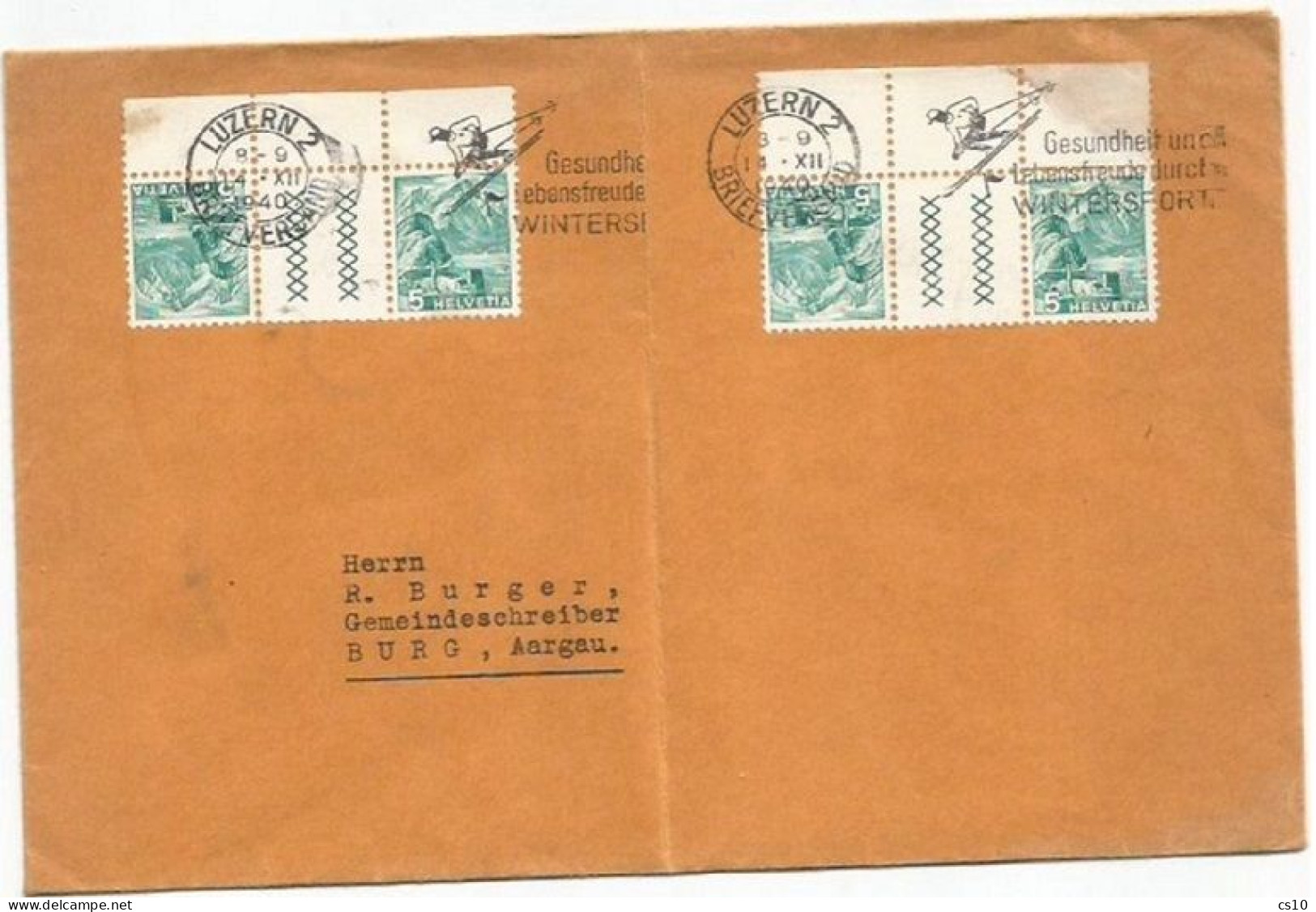 Suisse #2 Pairs Tete Beche C.5+c.5 Papier Gaufré S50Y With Sheet Margin Franking Cover Luzern 14dec1940 To Aarau - Tête-bêche