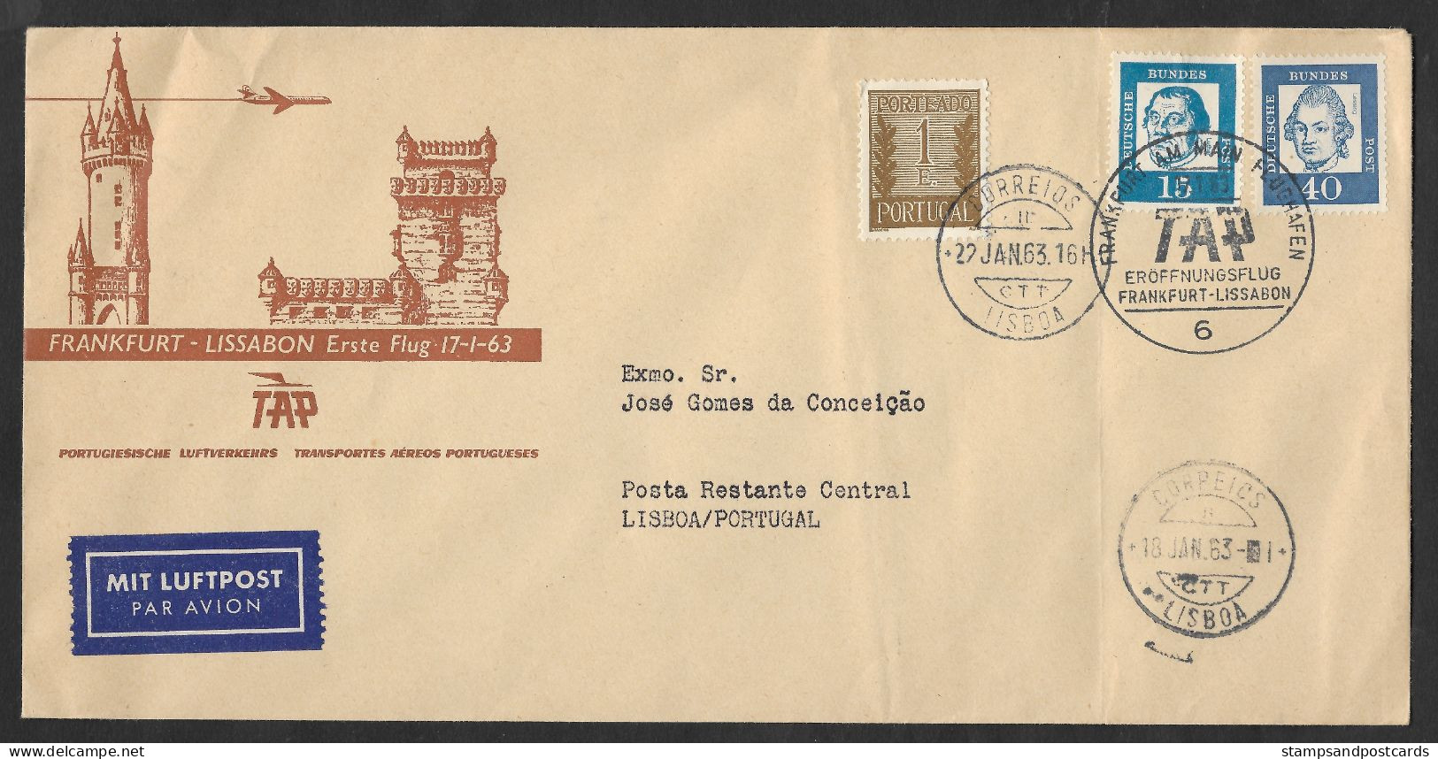 Portugal Premier Vol TAP Frankfurt Allemagne 1963 Timbre-taxe Port Dû Poste Restante First Flight Germany Postage Due - Lettres & Documents