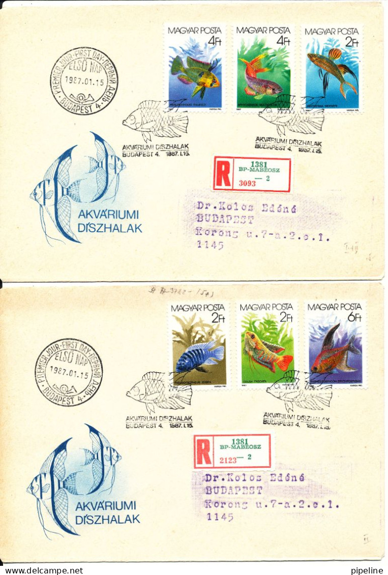 Hungary Registered FDC 15-1-1987 Aquarium Fish Complete Set Of 6 On 2 Covers With Cachet - Lettres & Documents